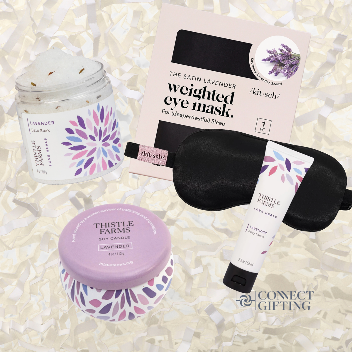 Out Like a Light lavender gift set from Connect Gifting with Thistle Farms lavender bath soak, body lotion, and soy candle, plus a Kitsch satin weighted eye mask