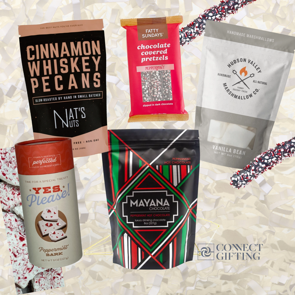 Peppermint Twist holiday gift set from Connect Gifting with Mayana peppermint hot chocolate, Yes, Please! peppermint bark, Hudson Valley vanilla bean marshmallows, Fatty Sundays peppermint pretzels, and Nat's Nuts cinnamon pecans